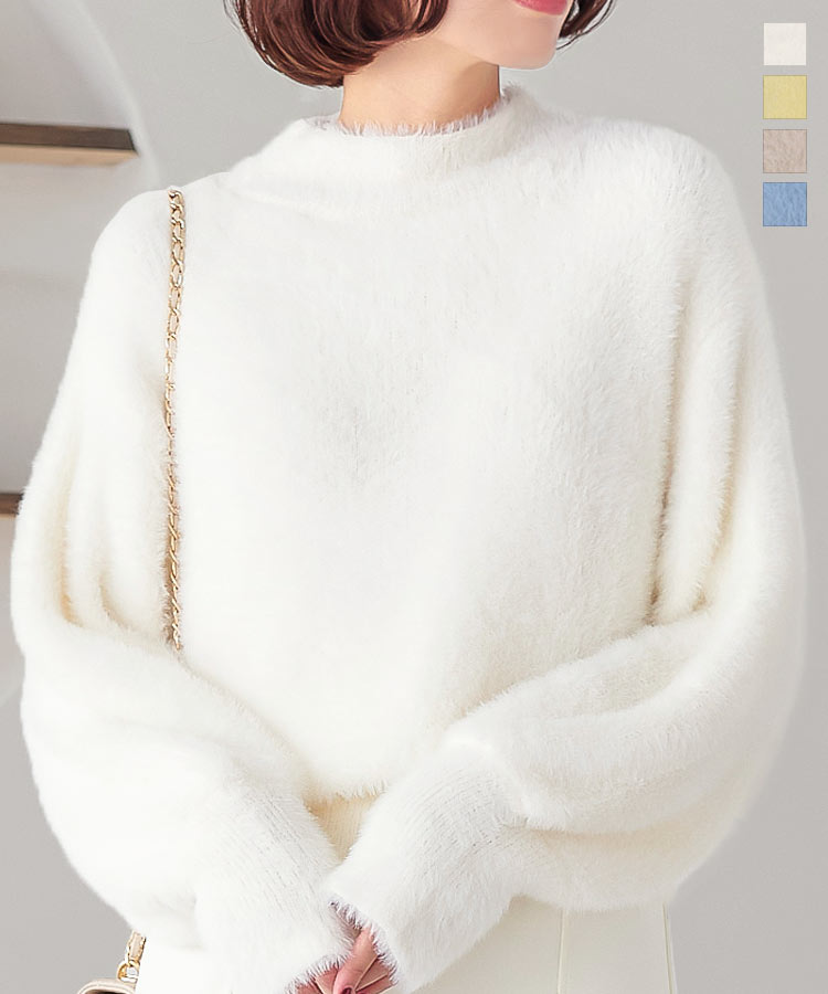 ≪9/9 大人気商品!!2490円≫ モックネック フェザーニット レディース ニット セーター フェザー ふわふわ 白 ぽわん袖 無地 秋冬 冬 秋 トップス ハイネック トップス フェザーニット シャギーニット ニットトップス オフホワイト [C6853]のサムネイル