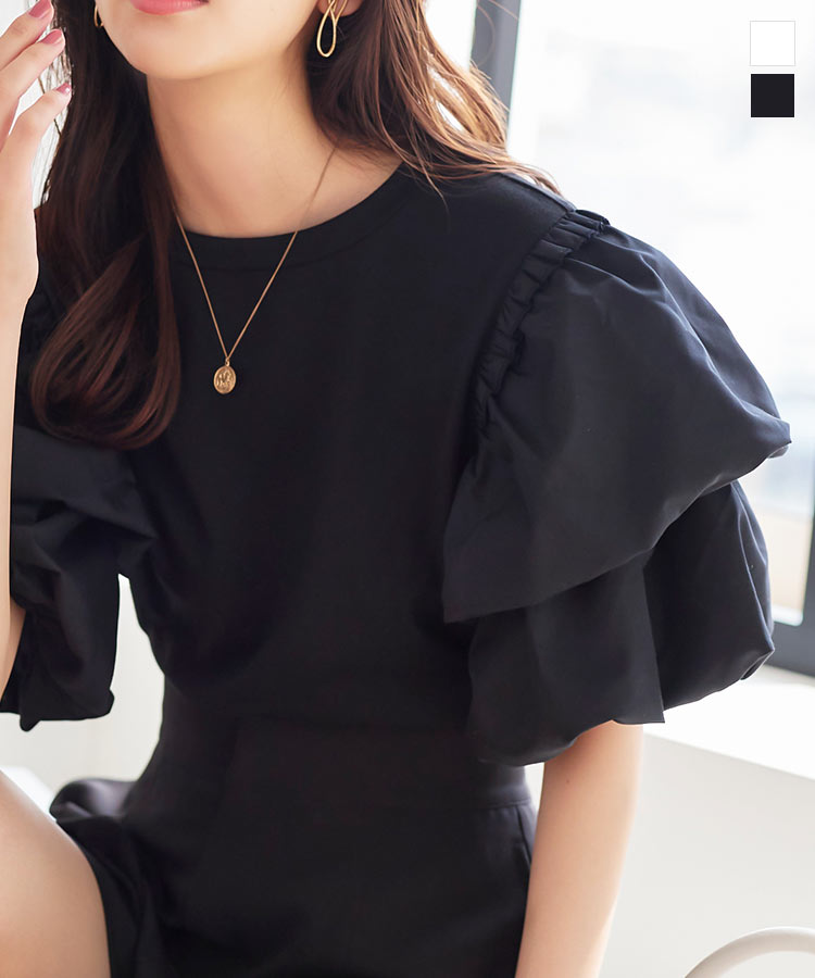 ≪7/27 新発売!!1990円 送料無料≫ ボリューム袖 Tシャツ レディース 半袖 ぽわん袖 トップス カットソー ボリュームスリーブ バルーンスリーブ ティアード 異素材 夏 二の腕 黒 白 体型カバー おしゃれ 5分袖 20代 30代 40代 [C6875] 丸首 クルーネック【送料無料】のサムネイル