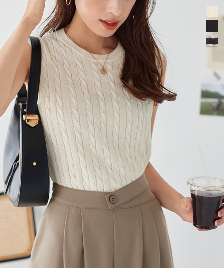 ≪8/7 新発売!!2200円 送料無料≫ ケーブルニット ノースリーブ トップス レディース ニットトップス ニット クルーネック 丸首 ケーブル サマーニット ノースリ 白 アイボリー ブラック 黒 20代 30代 40代 シアー 透け [C6876] ノースリーブニット【送料無料】のサムネイル
