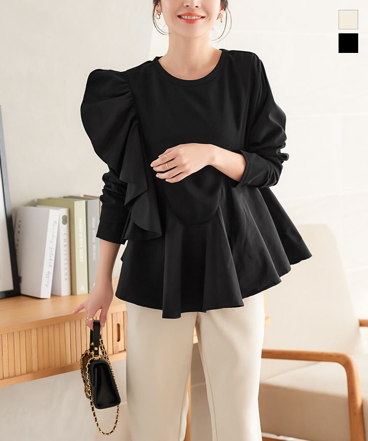 ≪10/3 新発売!!2990円 送料無料≫ アシンメトリーフリルペプラムトップス [C6878] レディース 20代 30代 40代 アシメ フリル アシメフリル ペプラム トップス 長袖 10分丈 クルーネック 丸首 ドッキング アパレル【送料無料】【メール便】のサムネイル