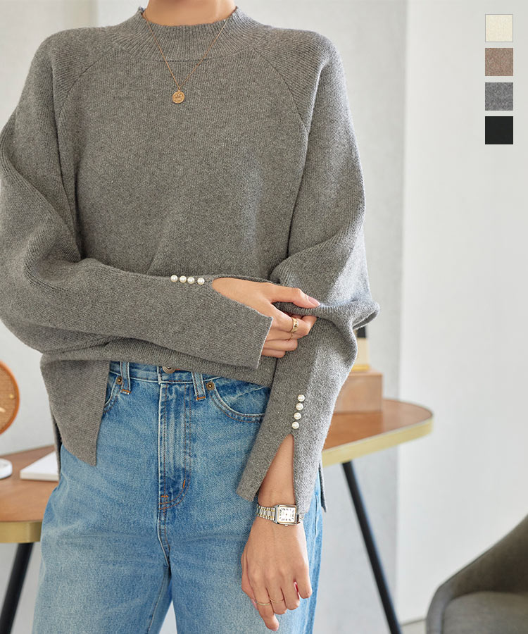 ≪11/9 新発売!!2990円 送料無料≫ 袖スリット パール ニット レディース ドルマンニット きれいめ トップス ニットトップス 上品 華やか 高見え もっちり スリット 長袖 ドルマン ハイネック モックネック プチハイ [C6936] 【送料無料】のサムネイル