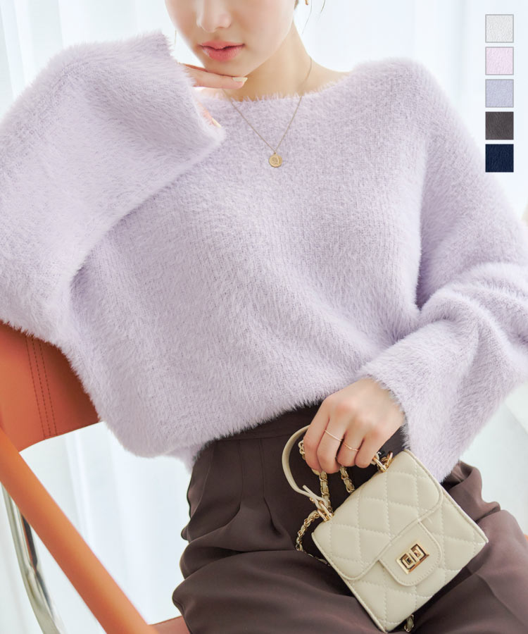 ≪11/28 新発売!!3490円 送料無料≫ シャギーニットトップス [C6937] レディース 20代 30代 40代 袖コンシャス 袖コン 長袖 ボートネック ショート ショートニット 萌袖 低身長 高身長 袖長め レイヤード おとな 大人 上品 可愛い カジュアル ママ コーデ【送料無料】のサムネイル