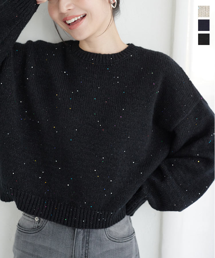 ≪12/14 新発売!!3790円 送料無料≫ スパンコール ニット トップス レディース 長袖 セーター ラメニット ラメ ショート丈 クロップド丈 短丈 短め ゆったり オーバーサイズ クルーネック 丸首 トレンド 秋 冬 秋服 冬服 [C6948] 【送料無料】のサムネイル