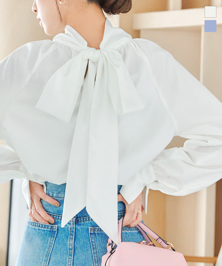 ≪1/31 新発売!!2990円 送料無料≫ 前後2way バックリボン ボリュームスリーブ ブラウス レディース トップス 長袖ブラウス シャツ リボン ボウタイ ハイネック セレモニー フォーマル オケージョン オフィスカジュアル スーツ オフィス [C6950]【送料無料】【メール便】のサムネイル