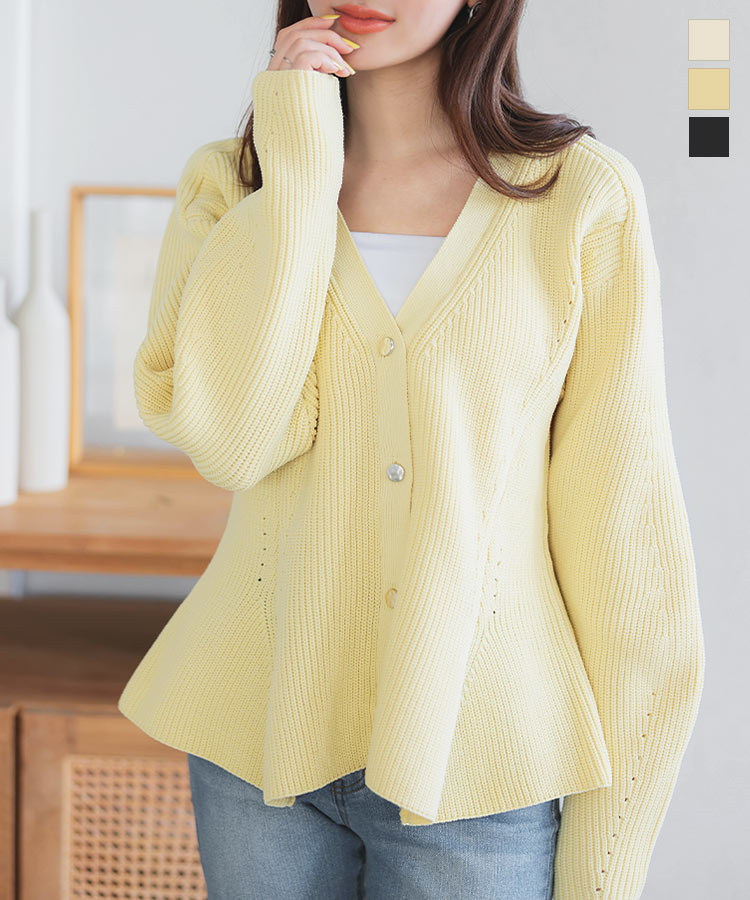 ≪2/1 新発売!!3490円 送料無料≫ ペプラムニットカーディガン [C6989] レディース トップス ニット カーディガン ペプラム Vネック 羽織り ペプラムトップス ニット黒 白 黄色 イエロー ホワイト ブラック セーター 着回し メリハリ 体型カバー 細見え【送料無料】のサムネイル