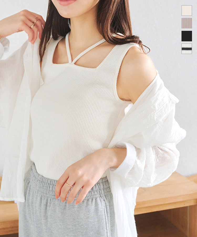 ≪3/22 新発売!!1690円 送料無料≫ 前後2way ホルター タンクトップ レディース インナー タンク リブ トップス リブ ボーダー ホルターネック リブ生地 春 夏 秋 キャミ キャミソール 重ね着 シャツ 綿混 コットン混 ナチュラル 白 [C7042]【送料無料】【メール便】のサムネイル