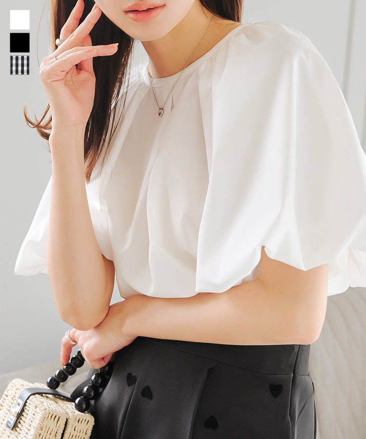 ≪4/2 新発売!!2990円 送料無料≫ 前後2way ケープ風 トップス レディース ブラウス 半袖 ボリュームスリーブ ぽわん袖 5分袖 チェック チェック柄 ギンガムチェック 白 ホワイト 黒 ブラック オフィス きれいめ シワになりにくい 春夏 [C7065]【送料無料】のサムネイル