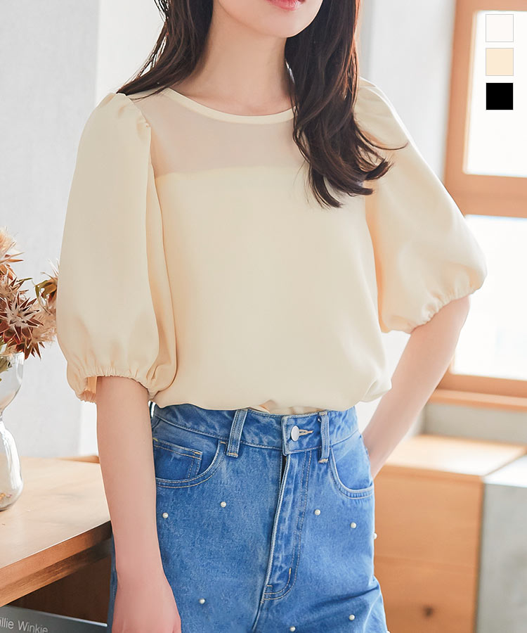 オーガンジー ドッキング パフスリーブ ブラウス レディース 半袖 シアー 半袖ブラウス 骨格ストレート 骨スト 骨格ナチュラル 二の腕 肩幅 リボン ぽっちゃり オフィスカジュアル きれいめ 着痩せ 細見え 華奢見え 二の腕カバー トップス 上品 20代 [C7102]