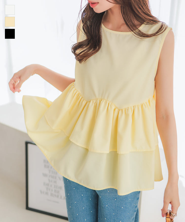 ≪5/28 新発売!!2790円 送料無料≫ ティアード ペプラムトップス レディース ノースリーブ ペプラム ブラウス フリル 春 夏 春服 夏服 チュニック 体型カバー お腹 お尻 タンクトップ トップス チュニック丈 フレア イエロー 黄色 パステルカラー 白 黒 [C7113]【送料無料】のサムネイル