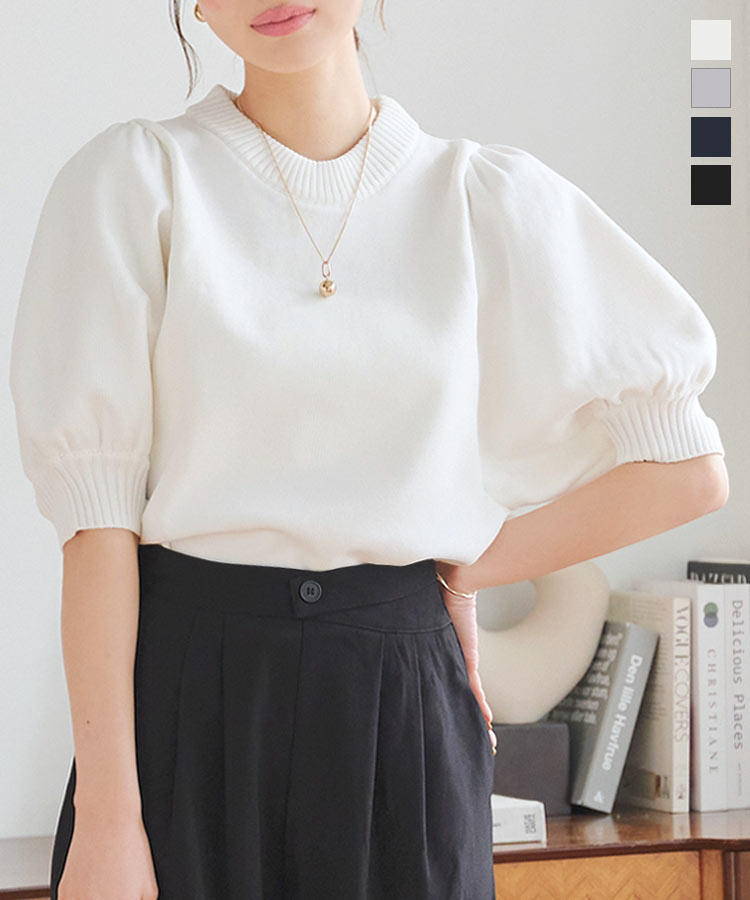 ≪5/1 新発売!!2990円 送料無料≫ パフスリーブニットトップス [C7140] レディース 20代 30代 40代 トップス ニット クルーネック 半袖 5分袖 パフスリーブ ボリュームスリーブ プルオーバー 丸首 春 夏 白 黒 紺 グレー ネイビー オフホワイト ブラック【送料無料】のサムネイル