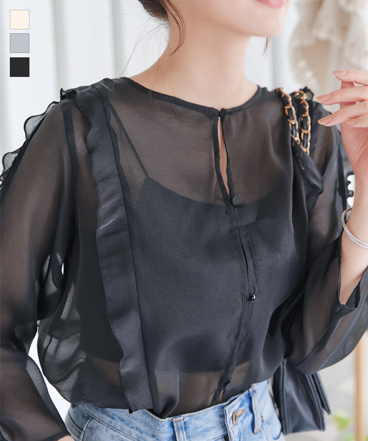 ≪5/19 新発売!!2990円 送料無料≫ オーガンジーフリルブラウス [C7144] レディース 20代 30代 40代 オーガンジー フリル ブラウス クルーネック 丸首 トップス 7分袖 袖フリル シアー トレンド アパレル アイボリー グレー ブラック 白 黒【送料無料】のサムネイル