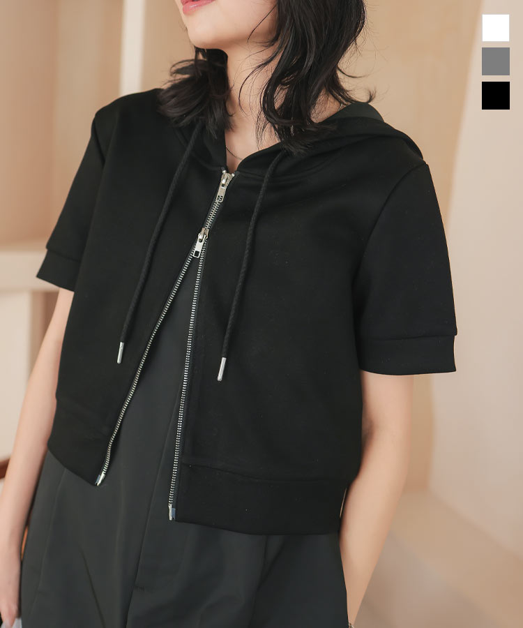 ダブルジップ ショート丈パーカー レディース 半袖 スウェット スエット パーカー ダイバー素材 フーディ クロップド丈 ショート丈 短丈 ダイバー Wジップ ジッパー ファスナー フード セットアップ 半袖パーカー 夏 夏服 春 春服 厚手 骨スト 20代 30代 40代 [C7176]のサムネイル