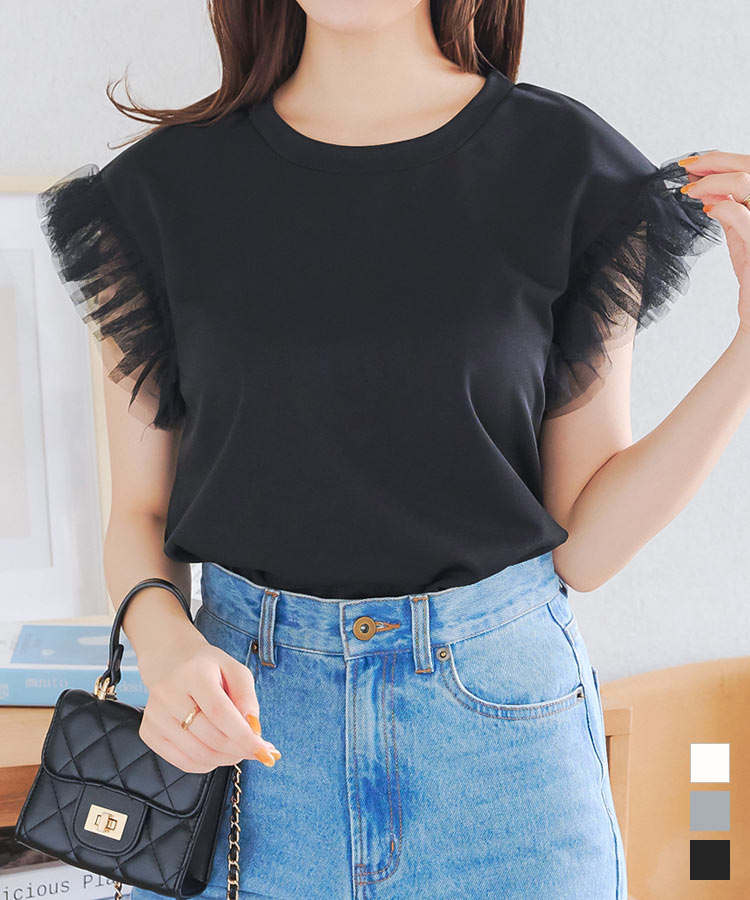 ≪6/21 新発売!!2380円 送料無料≫ 袖チュール トップス レディース フレンチスリーブ ノースリーブ 半袖 夏 夏服 骨格ウェーブ きれいめ 袖フリル チュール プルオーバー Tシャツ ティーシャツ クルーネック 丸首 カットソー 黒 白 グレー ブラック [C7207]【送料無料】のサムネイル