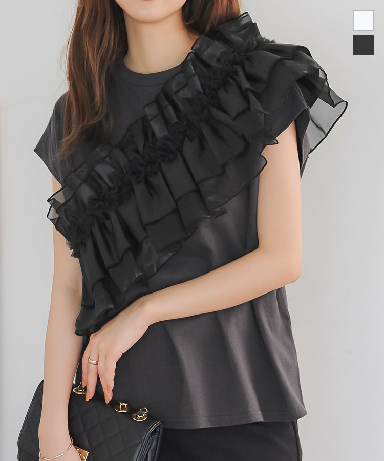 ≪6/27 新発売!!2990円 送料無料≫ アシンメトリーフリルTシャツ [C7208] レディース 20代 30代 40代 アシメ フリル Tシャツ ティーシャツ トップス プルオーバー タンクトップ ノースリーブ ノースリ フレンチスリーブ クルーネック 丸首【送料無料】のサムネイル