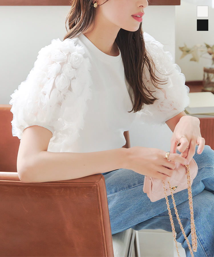 ≪7/5 新発売!!2690円 送料無料≫ フラワーレース袖 Tシャツ レディース 半袖 半袖Tシャツ パフスリーブ ボリュームスリーブ チュニック フレア 体型カバー お腹 カットソー 夏 春 フェミニン 花柄レース 立体レース 袖切替 異素材切替 ティーシャツ [C7210]【送料無料】のサムネイル