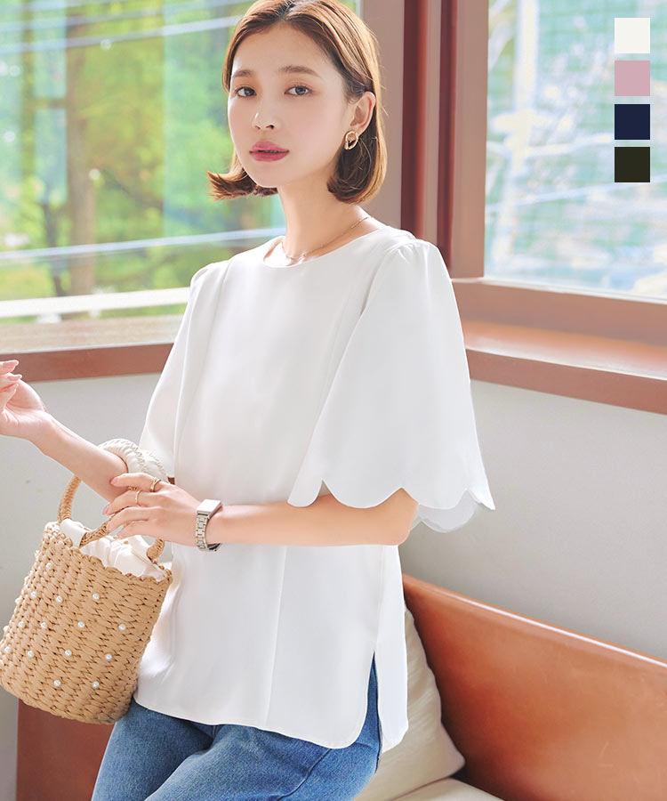 ≪7/21 新発売!!3490円 送料無料≫ スカラップスリーブ 半袖ブラウス レディース ブラウス 半袖 体型カバー 二の腕 お腹 きれいめ オフィスカジュアル オフィス 会社 C7168 ゆったり スリット 丸首 クルーネック チュニック 骨格 スカラップ 袖 [C7244]【送料無料】のサムネイル