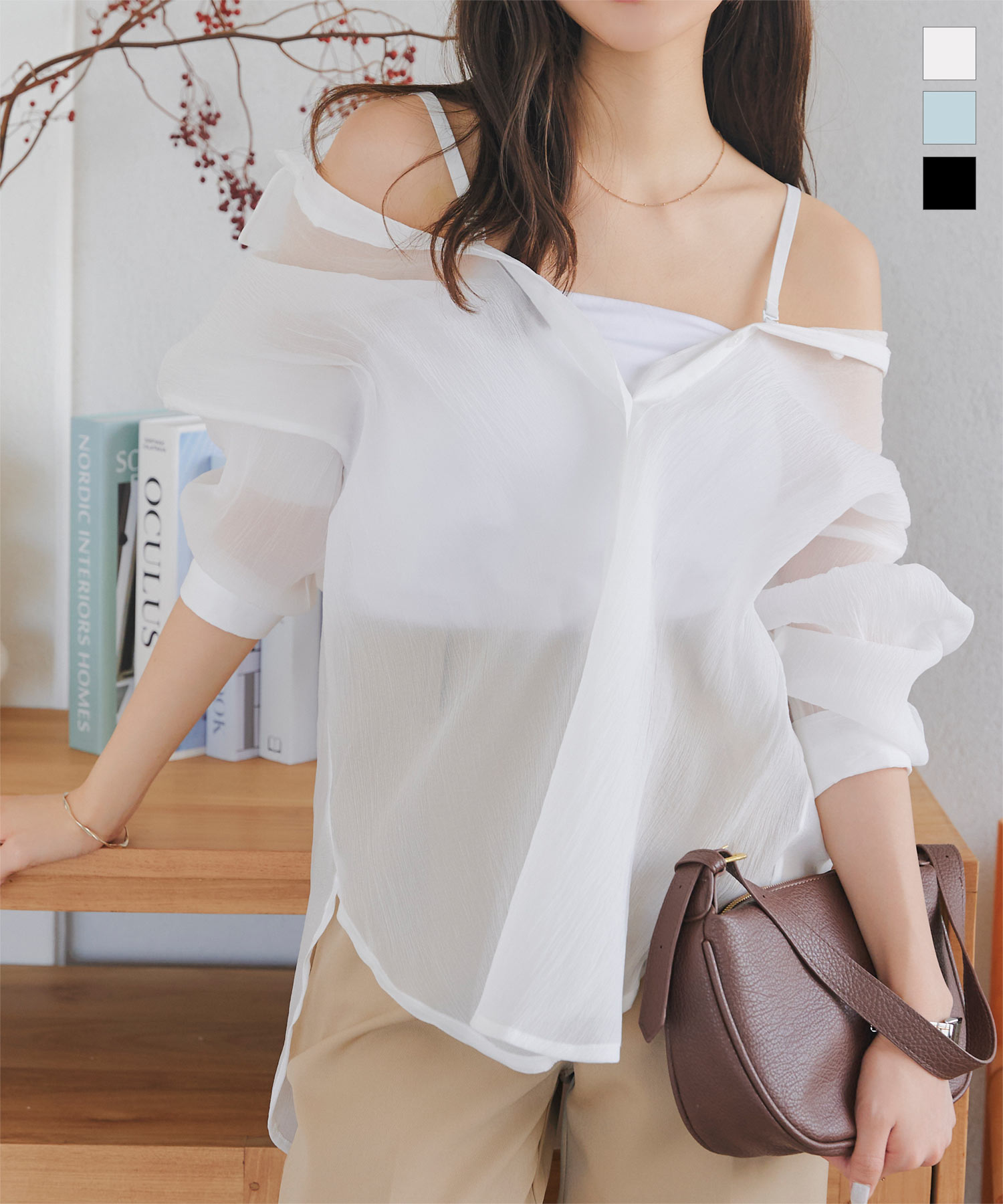 ≪8/4 新発売!!2990円 送料無料≫ 3way キャミストラップ付 オフショル シアーシャツ レディース ブラウス シャツ 長袖 シアー チュニック オフショルシャツ オフショルダー キャミ キャミソール 夏 春 秋 夏服 春服 体型カバー お尻 ゆったり 二の腕 [C7247]【送料無料】のサムネイル