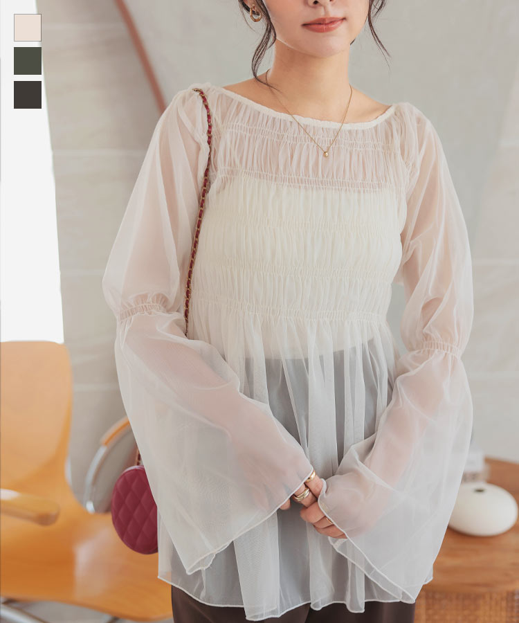 ≪8/21 新発売!!2590円 送料無料≫ シャーリング チュールブラウス レディース 長袖 シアー トップス シアートップス ブラウス シアーブラウス 体型カバー チュニック ゆったり 春 夏 秋 シアーロンT ロンT 透けトップス 透け ボートネック [C7273]【送料無料】のサムネイル