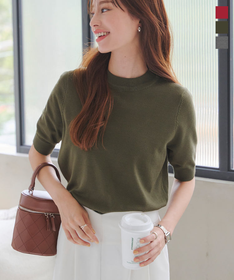 ≪8/1 新発売!!2490円 送料無料≫ 5分袖ドルマンテイストハイゲージニットトップス [C7277] レディース 20代 30代 40代 ドルマン ニット ハイゲージニット スプリングニット サマーニット 半袖 五分袖 半袖ニット 五分袖ニット ドルマンニット ボトルネック【送料無料】のサムネイル