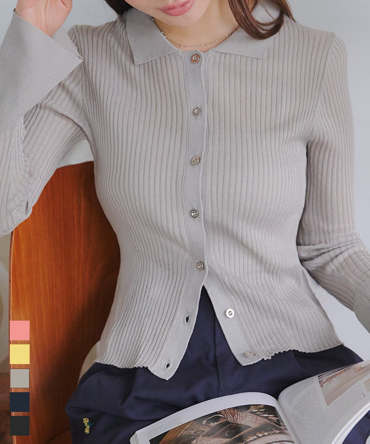 フレアスリーブシアーリブニットポロカーディガン [C7377] レディース 20代 30代 40代 カーディガン ニット 長袖 カーデ シアー ポロ リブ セーター フレアスリーブ シアーカーデ イエロー ピンク グレー ネイビー ブラック 黒 キレイめ 春 秋 春色 透け感のサムネイル