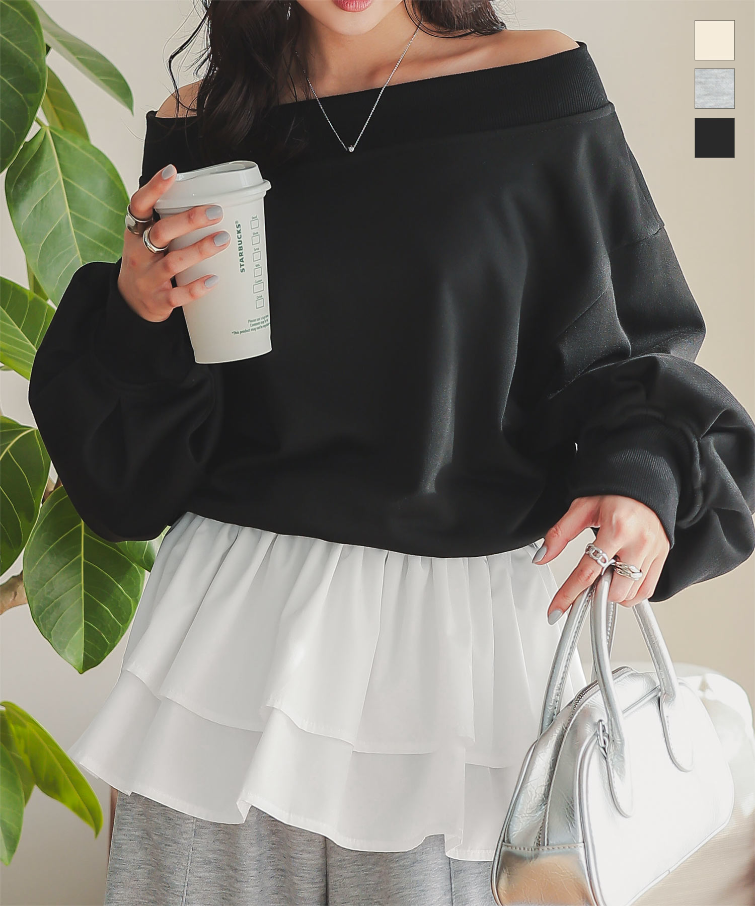 シャツ レイヤード風 オフショル スウェット [C7405] レディース 20代 30代 40代 ス