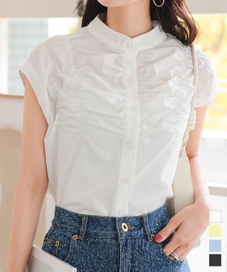 ≪5/11 新発売!!2990円 送料無料≫ ブラウス レディース ノースリ ノースリーブトップス シャーリング フレンチスリーブ [C7491] 20代 30代 40代 ブラウス シャツ ビスチェ 白 ホワイト オフィス 通勤 オフィスカジュアル 会社 モックネック バンドカラー【送料無料】のサムネイル