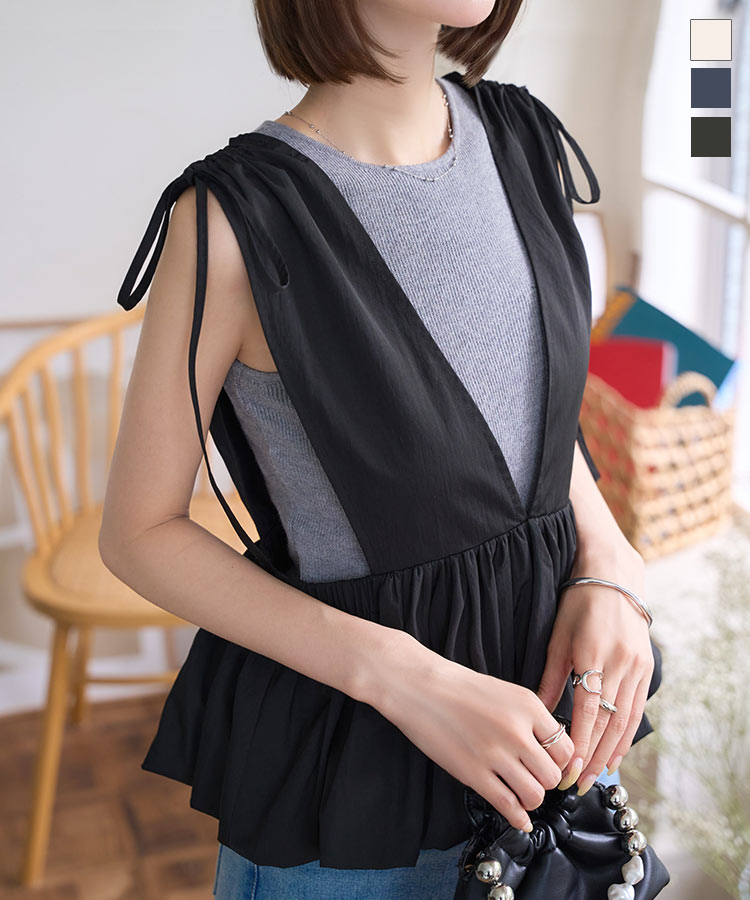 ≪6/18 新発売!!2990円 送料無料≫ ビスチェ トップス レディース バルーン 夏 レイヤード 春夏 ベスト ジレ [C7501] 20代 30代 40代 ノースリーブ Vネック リボン ペプラムトップス きれいめ フェミニン 黒 白 紺 重ね着 体型カバー 大人可愛い おしゃれ【送料無料】のサムネイル