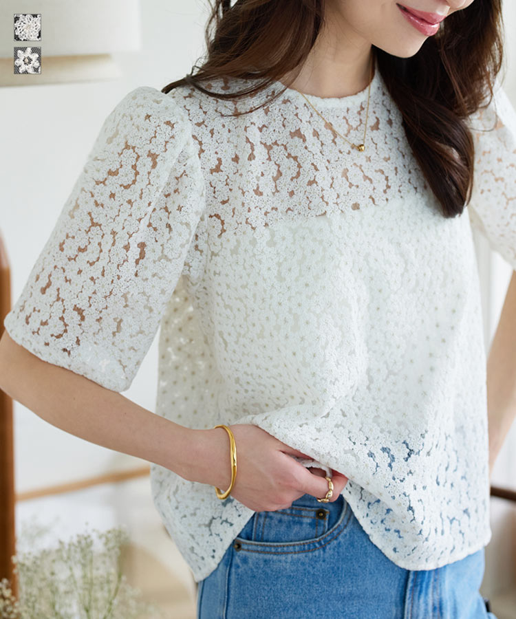 ≪6/2 新発売!!3990円 送料無料≫ 花柄 刺繍 シアー ブラウス [C7523] レディース 20代 30代 40代 トップス 半袖 透け ボリューム袖 シアーブラウス 刺繍ブラウス 五分袖 パワショル 丸首 Uネック 体型カバー 透け感 フラワー 花柄ブラウス フェミニン シンプル【送料無料】のサムネイル