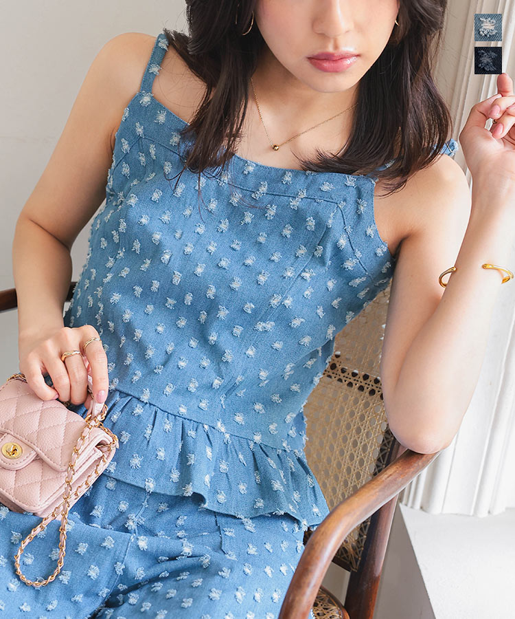 ≪5/23 新発売!!2990円 送料無料≫ ビスチェ トップス レディース [C7530] 20代 30代 40代 M4224 セットアップ デニム スクラッチ 柄 ドット 水玉 ライトブルー ブルー 青 紺 インディゴ フリーサイズ ユーズド感 可愛い 大人可愛い レイヤード 肌見せ 夏 夏服【送料無料】のサムネイル