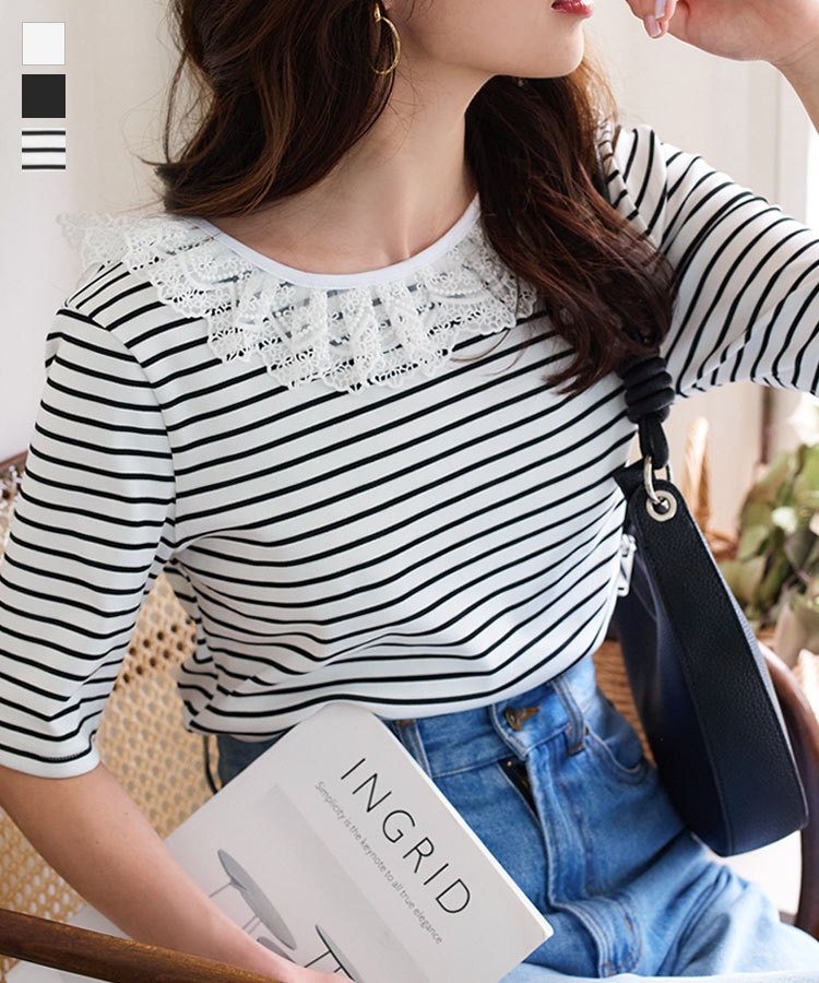≪6/1 新発売!!2590円 送料無料≫ Tシャツ レディース 半袖 5分袖 夏 レース襟 [C7535] トップス おしゃれ かわいい 大人可愛い 20代 30代 40代 前後 2way マルチウェイ カットソー 半袖 五分丈 二の腕 レース 深Uネック クルーネック ボートネック 白 黒【送料無料】のサムネイル