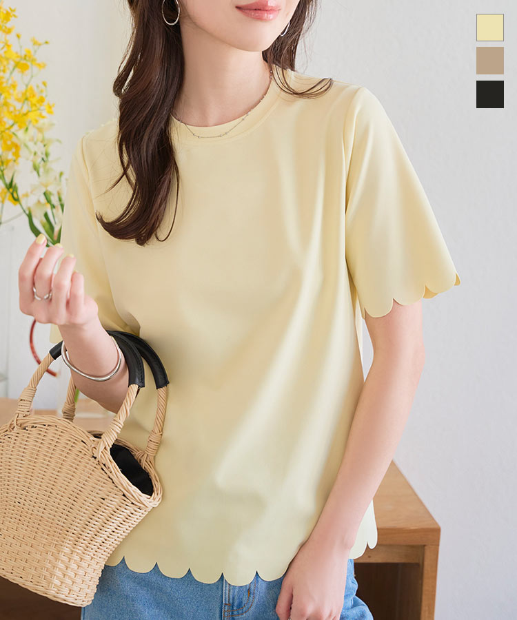 ≪6/17 新発売!!2490円 送料無料≫ Tシャツ 半袖 半袖Tシャツ [C7539] レディース 20代 30代 40代 50代 Tシャツ トップス プルオーバー ブラウス スカラップ ショートスリーブ 春夏 インナー 着映え 体形カバー 体型カバー 細見え 着痩せ クルーネック 黄色【送料無料】のサムネイル