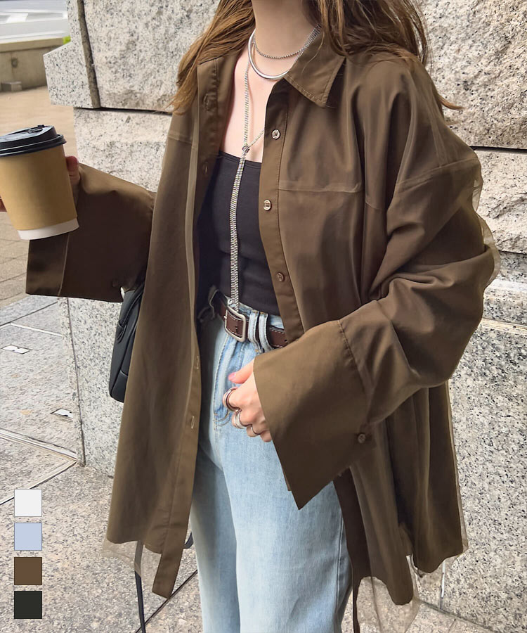 シャツ トップス レディース 長袖 チュール [C7573] 20代 30代 40代 ラウス チュール カッター ブロード 綿 コットン ロングカフス メンズライク オーバーサイズシャツ ブロードシャツ チュールシャツ オフホワイト ブラウン ブルー ブラック 秋 冬 お洒落 お出かけ