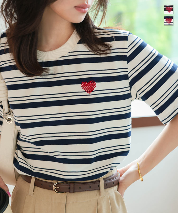 ≪6/17 新発売!!1990円 送料無料≫ ハート Tシャツ 半袖 [C7579] レディース 20代 30代 40代 トップス ボーダー 刺繍 カットソー 綿 コットン ランダムボーダー ストライプ ロゴ ワンポイント リブ オーバーサイズ 体型カバーゆったり カジュアル【送料無料】【メール便】のサムネイル