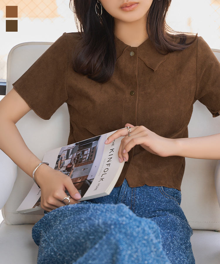 ≪8/17 新発売!!1990円 送料無料≫ シャツ 半袖 半袖シャツ フェイクスウェード [C7588] レディース 20代 30代 40代 ショートスリーブ ブラウス トップス カーディガン 羽織り キャメル ブラウン スエード風 晩夏 秋 おしゃれ 重ね着 レイヤード【送料無料】【メール便】のサムネイル