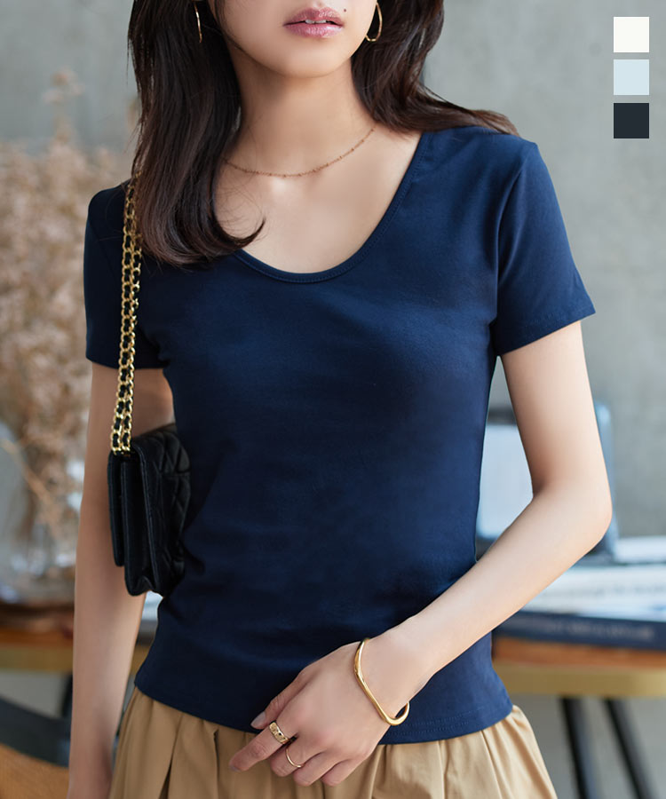 ≪9/7 24Hセール1490円 送料無料≫ Tシャツ 半袖 レディース 深Uネック半袖シンプルTシャツ [C7609] 20代 30代 40代 50代 夏 トップス カットソー インナー コンパクト タイト Uネック 深Uネック シンプル ベーシック 無地 きれいめ【送料無料】【メール便】のサムネイル