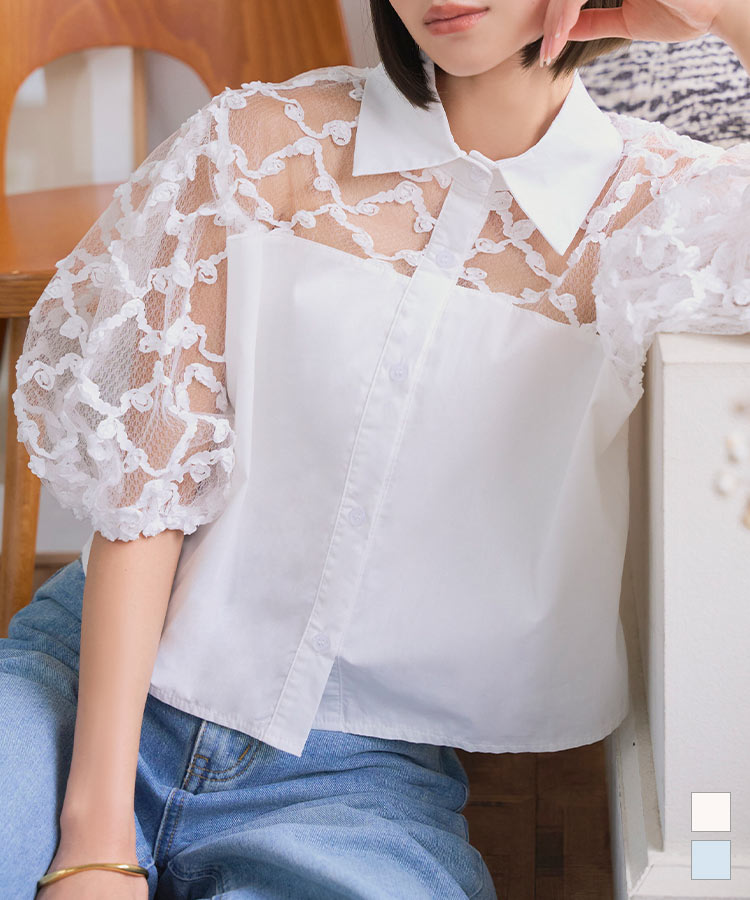 シャツ ブラウス トップス シアー [C7615] レディース 20代 30代 40代 シアーブラウス フラワーモチーフ 立体フラワー 透け感 抜け感 パフスリーブ 華奢見え 体型カバー シャツ襟 フロントボタン きれいめ 可愛い 大人可愛い 上品 涼しげ お出かけ お呼ばれコーデ