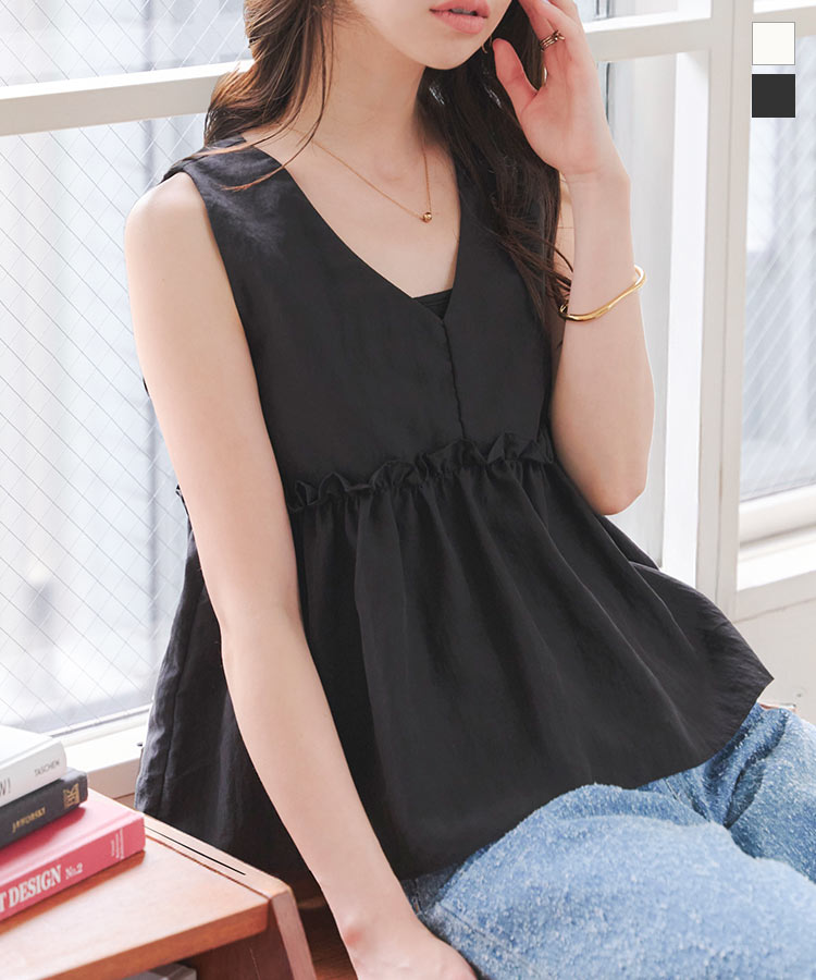 ≪7/15 新発売!!2990円 送料無料≫ ブラウス レディース ノースリーブ Vネック 夏 フリル ペプラムトップス [C7617] ペプラム 華奢見え 着痩せ トップス ノースリ スッキリ ペプラムブラウス ガーリー カジュアル フリル ペプラムトップス 春 秋 レイヤード【送料無料】のサムネイル