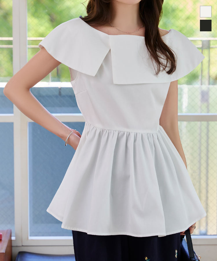 ペプラム ブラウス トップス レディース [C7619] 20代 30代 40代 オフショルダー ワンショルダー ワンショル ビッグ襟 サイドスリット ブラ紐 オフ オフホワイト ホワイト 白 ブラック 黒 体型カバー 二の腕カバー 華奢見え ケープ 上品 華やか きれいめ【送料無料】のサムネイル