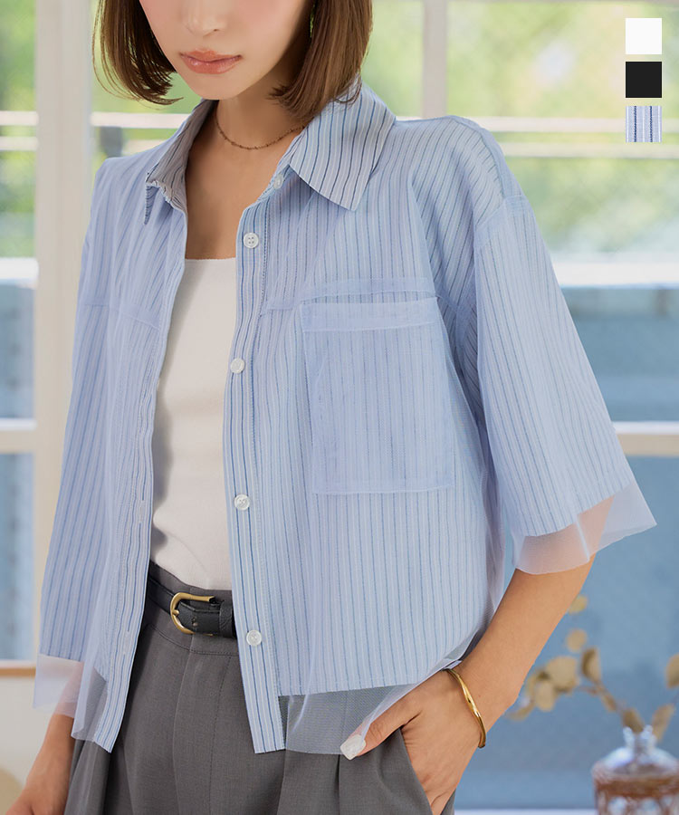 ≪9/3 24Hセール2890円 送料無料≫ チュールレイヤード半袖シャツ [C7620] レディース 20代 30代 40代 ブラウス 重ね着 シアー 羽織 エリ 衿 襟 ボタン クロップド ショート 短丈 ポケット 白 黒 オフホワイト オフ ホワイト ブラック ブルー 青【送料無料】【メール便】のサムネイル