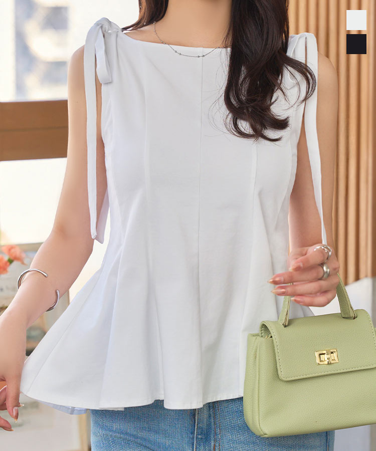 ≪8/26 新発売!!2480円 送料無料≫ ノースリーブ ペプラム カットソー [C7621] レディース 20代 30代 40代 夏 トップス プルオーバー Tシャツ ブラウス ペプラムトップス フレア 2way リボン 取り外し 楽ちん 綿混 着映え トレンド スタイルアップ 無地 白【送料無料】のサムネイル