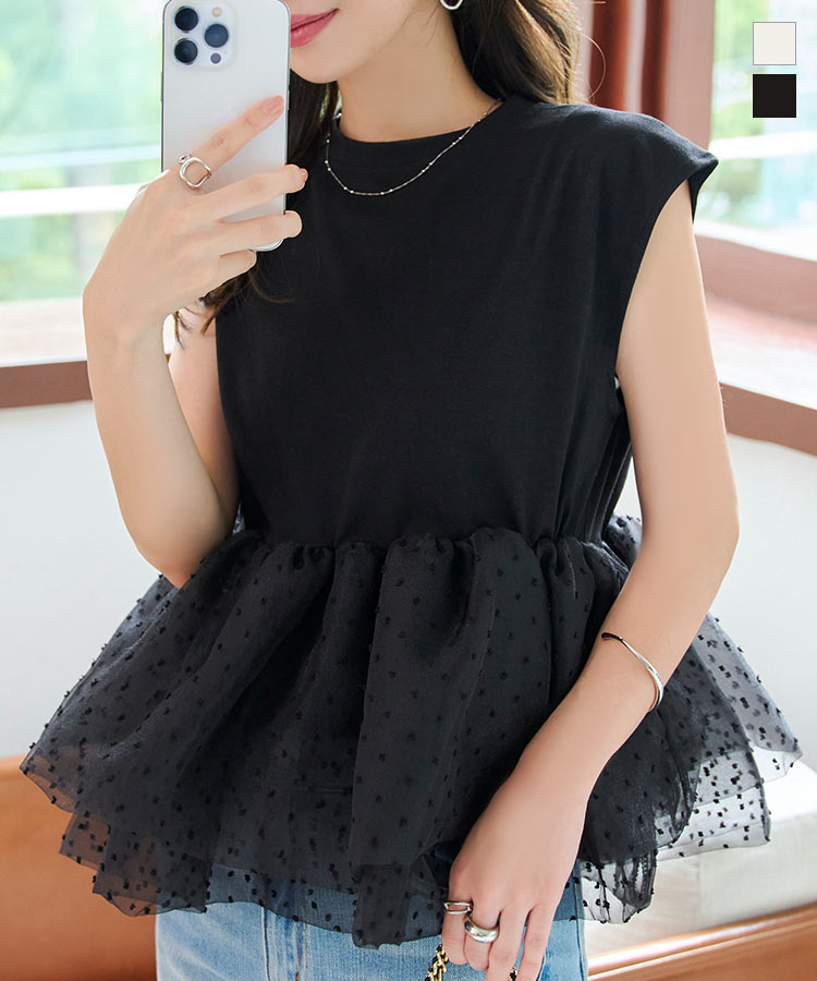 フリル ドッキング カットソー [C7623] レディース 20代 30代 40代 夏 トップス Tシャツ フレンチスリーブ ノースリーブ クルーネック オーガンジー チュール フレア シアー 透け感 異素材切り替え ドット柄 ドット 大人可愛い ガーリー フェミニン 白 ホワイト 黒 ブラックのサムネイル