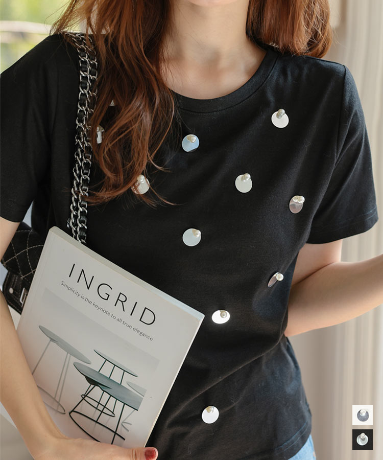 ≪9/29 24Hセール1990円 送料無料≫ ビジュー Tシャツ 半袖 [C7629] レディース 20代 30代 40代 夏 トップス カットソー プルオーバー 半袖Tシャツ クルーネック 丸首 パール ミラー パーツ キラキラ デコラティブ 綿混 コットン ホワイト 白【送料無料】【メール便】のサムネイル