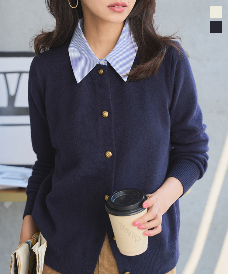襟付き ドッキング ニットカーディガン [C7639] レディース 20代 30代 40代 秋 トップス カーディガン 羽織り ニットカーデ 長袖 襟 衿 シャツ ブラウス ストライプ レイヤード風 金ボタン ゴールドボタン もっちり 暖かい 無地 白 ホワイト 紺 ネイビー きれいめ オフィスのサムネイル