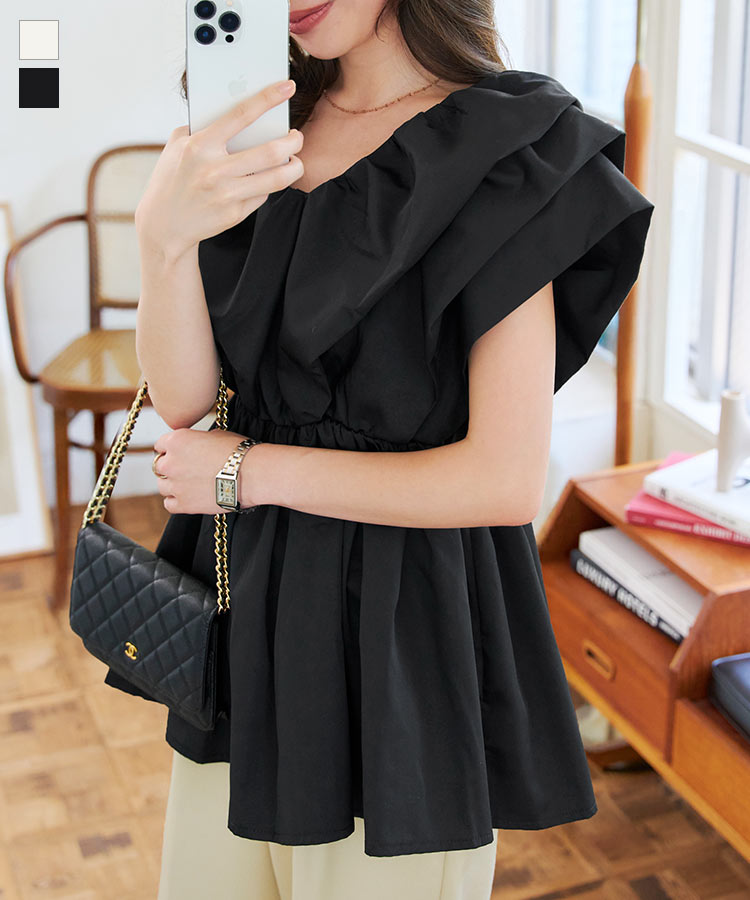 ブラウス チュニック [C7642] レディース トップス 夏 20代 30代 40代 Vネック チュニックブラウス ペプラムトップス ペプラム フリル フレア タックフリル フェミニン 大人 着映え ティアード Aライン オフィスカジュアル 体型カバー 白 ホワイト 黒 ブラック 【送料無料】のサムネイル