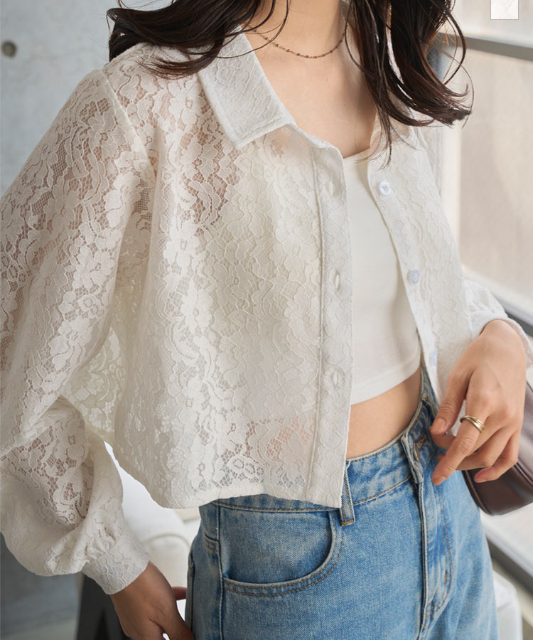 ≪9/2 新発売!!3280円 送料無料≫ シャツ ブラウス トップス [C7647] レディース 20代 30代 40代 ショート丈 クロップド丈 レース ホワイト 白 ぽわん袖 長袖 羽織り ライトアウター 日除け 日差し対策 UV対策 ボンディングレース 上品 スタイルアップ 丈短め【送料無料】のサムネイル