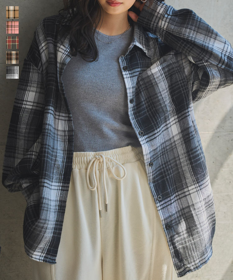 シャツ チェックシャツ チェック柄 ネルシャツ [C7693] レディース トップス ベーシック 大人 シンプル 秋 20代 30代 40代 チェック ブラウス 長袖シャツ 長袖 ビッグシャツ 羽織り 長め ロング丈 オーバーサイズ 体型カバー カジュアル 着回し お出かけ フェス 旅行のサムネイル