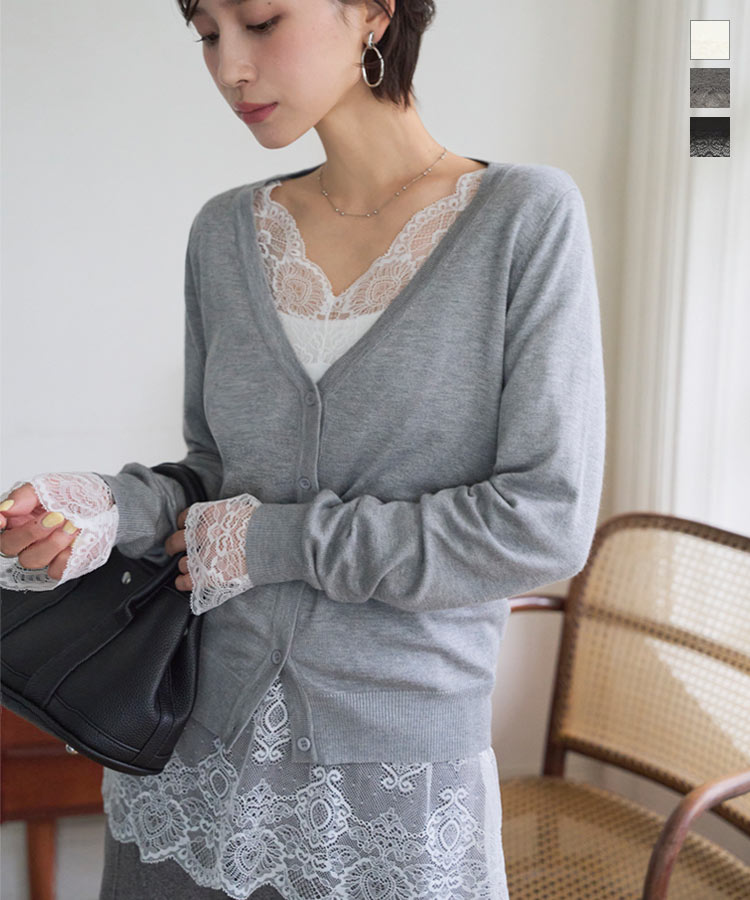 ≪12/2 新発売!!1990円 送料無料≫ レース トップス インナー 前後2way [C7736] レディース 20代 30代 40代 Vネック スクエアネック 長袖 レーストップス レースインナー 前後2way ゆったり カットソー 白 ホワイト グレー 黒 レイヤード 華やか【送料無料】【メール便】のサムネイル