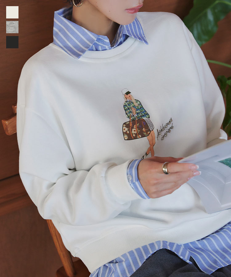 ≪11/23 新発売!!2990円 送料無料≫ トップス スウェット プルオーバー [C7747] レディース プリント 長袖 チュニック お尻が隠れる 体型カバー 丈長め アイボリー ホワイト グレー ブラック 白 灰色 黒 トップス ガーリー きれいめ 大人かわいい 大人【送料無料】のサムネイル