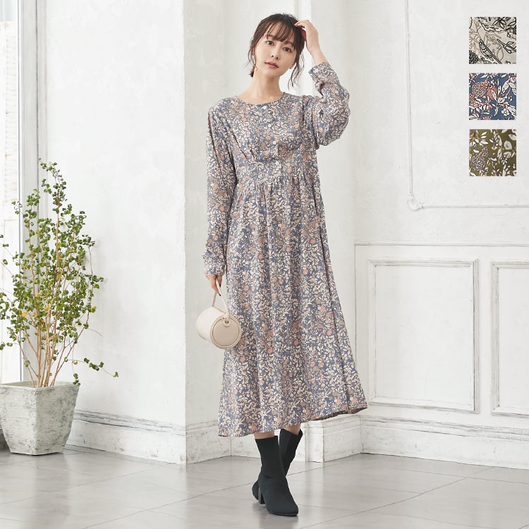 バックウエストゴム胸元前開き切り替え小花柄ロングワンピース [E2343] 授乳 総柄 シワになりにくい ワンピース 秋冬 冬 大人 長袖 ロングワンピース きれいめ 大人かわいい マタニティ 前開き 花柄 ゆったり 大人可愛い 30代 40代 50代のサムネイル