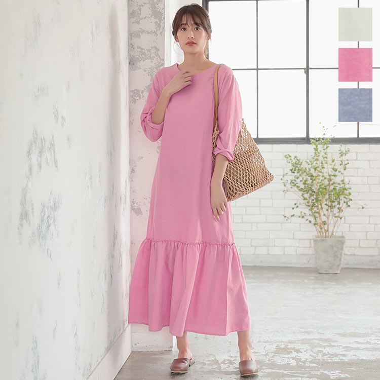 裾ティアードIラインワンピース [E2344] ワンピース Iライン マキシ丈 体型カバー 大人 秋冬 春 長袖 ロングワンピース カジュアルワンピース マキシワンピース ティアードフリル 大人可愛い 無地 ゆったり ミント 30代 40代 50代のサムネイル